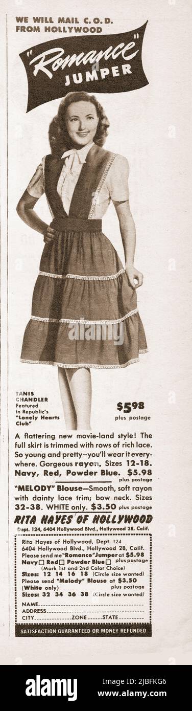 An ad for the cleverly named Romance Jumper featuring French film actress, Tanis Chandler. From a 1946 music magazine. The sellers were Rita Hayes of Hollywood. Stock Photo