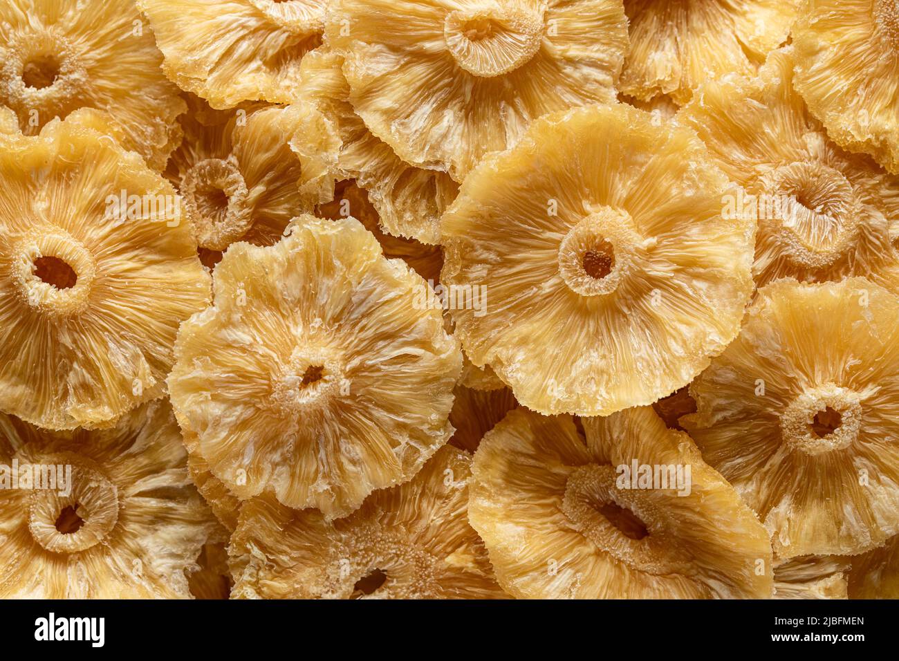 Close-up view from above of dried pineapple slices Stock Photo
