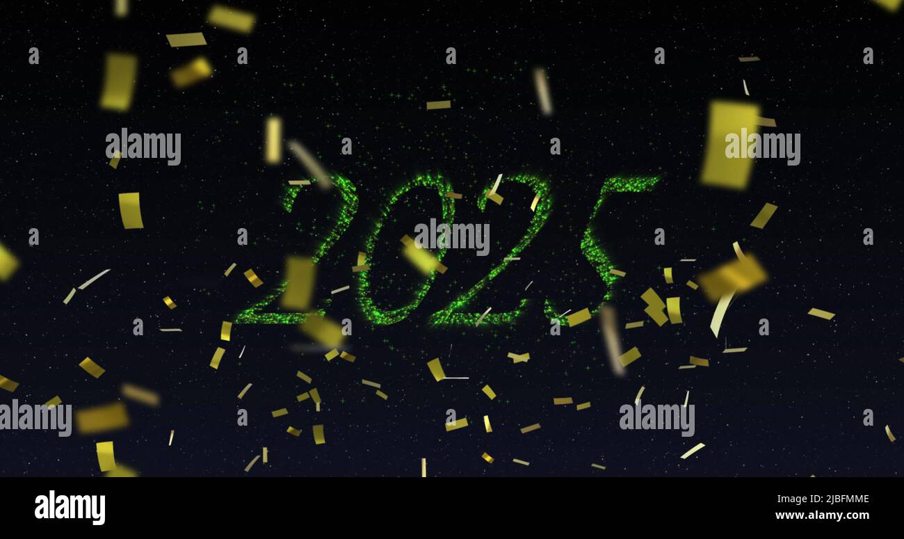 Image of 2025 text in green with green new year fireworks and gold