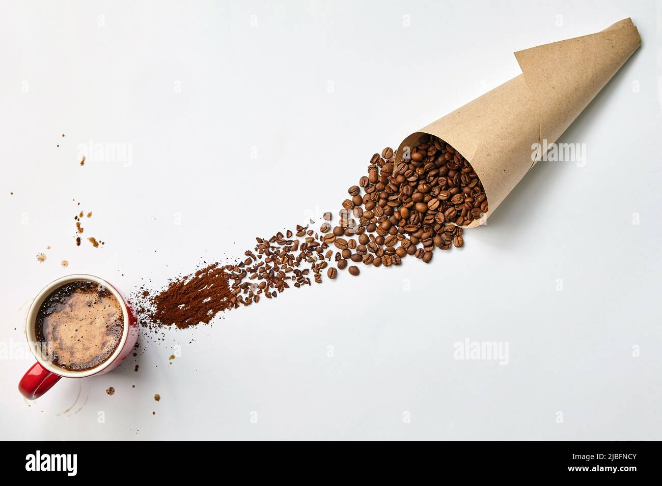 Cup of coffee, paper bag with grains, ground coffee on a white ...