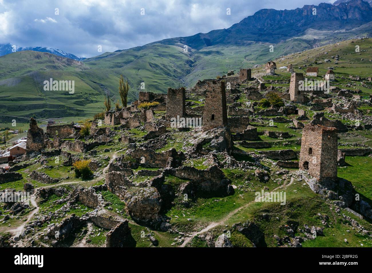 Ancient ruined medieval tower complex Tsimiti in North Ossetia, Aerial view Stock Photo