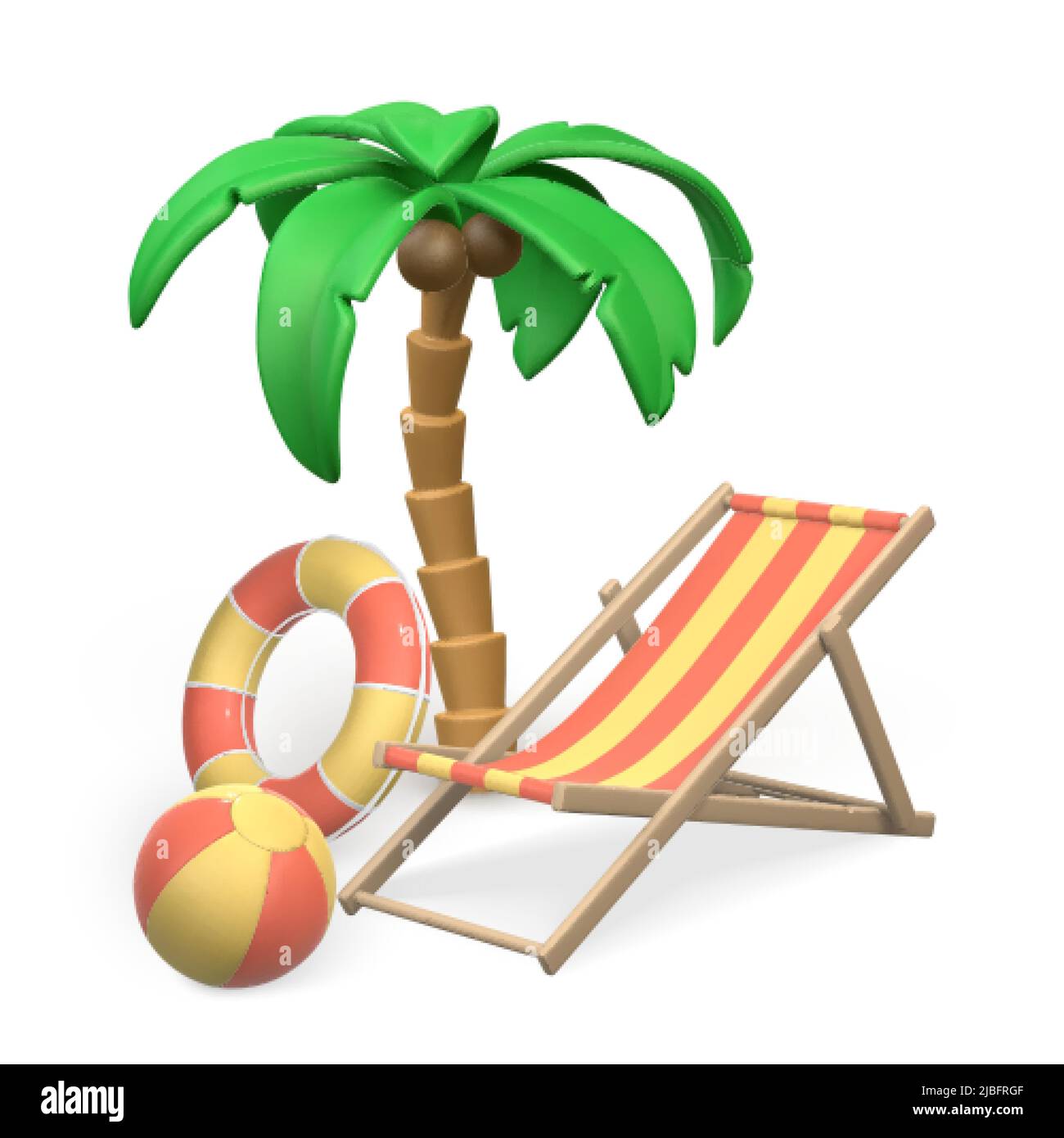 Tropical palm tree, swim ring, swim ball and deck chairs on white