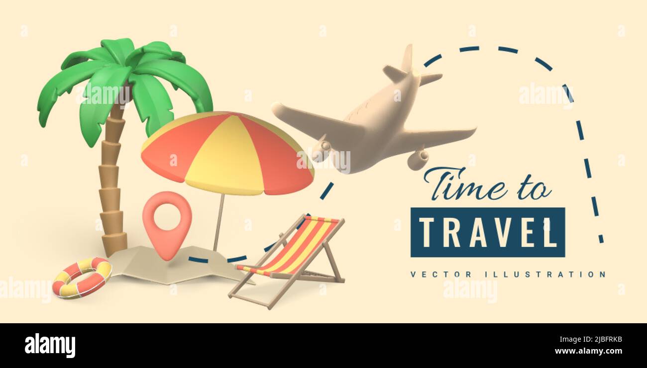 Time to travel promo banner design. Summer 3d realistic render vector ...