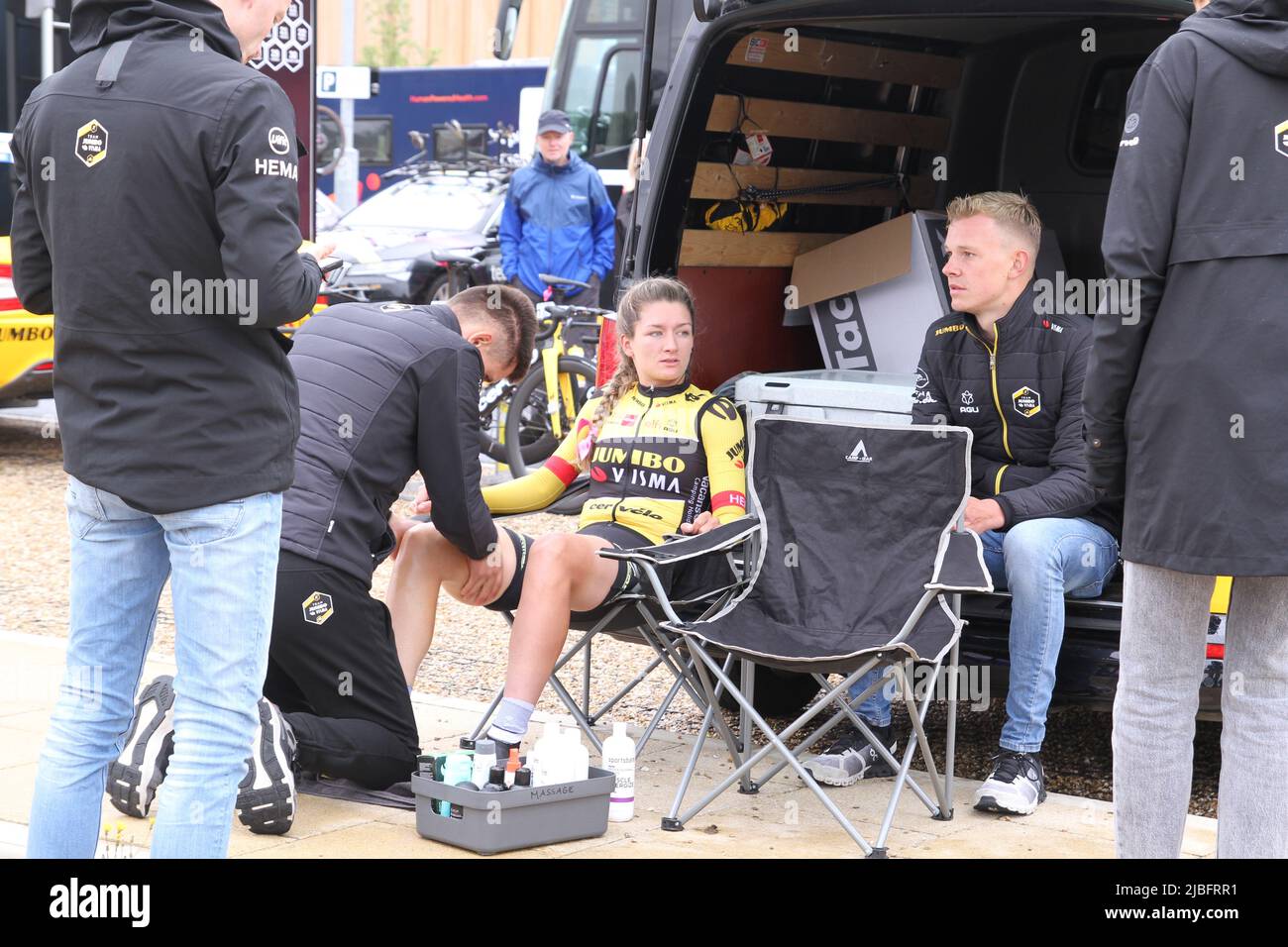 Colchester, UK. 06th Jun 2022. Stage One of the Women's Tour gets underway from the Sports Park at Northern Gateway in Colchester, finishing later today in Bury St. Edmunds. Karlijn Swinkels of Team Jumbo-Visma getting some last minute massage therapy in preparation for the race. Credit: Eastern Views/Alamy Live News Stock Photo