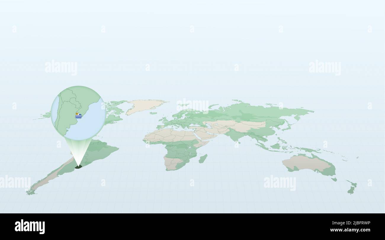 World map in perspective showing the location of the country Uruguay with detailed map with flag of Uruguay. Vector illustration. Stock Vector
