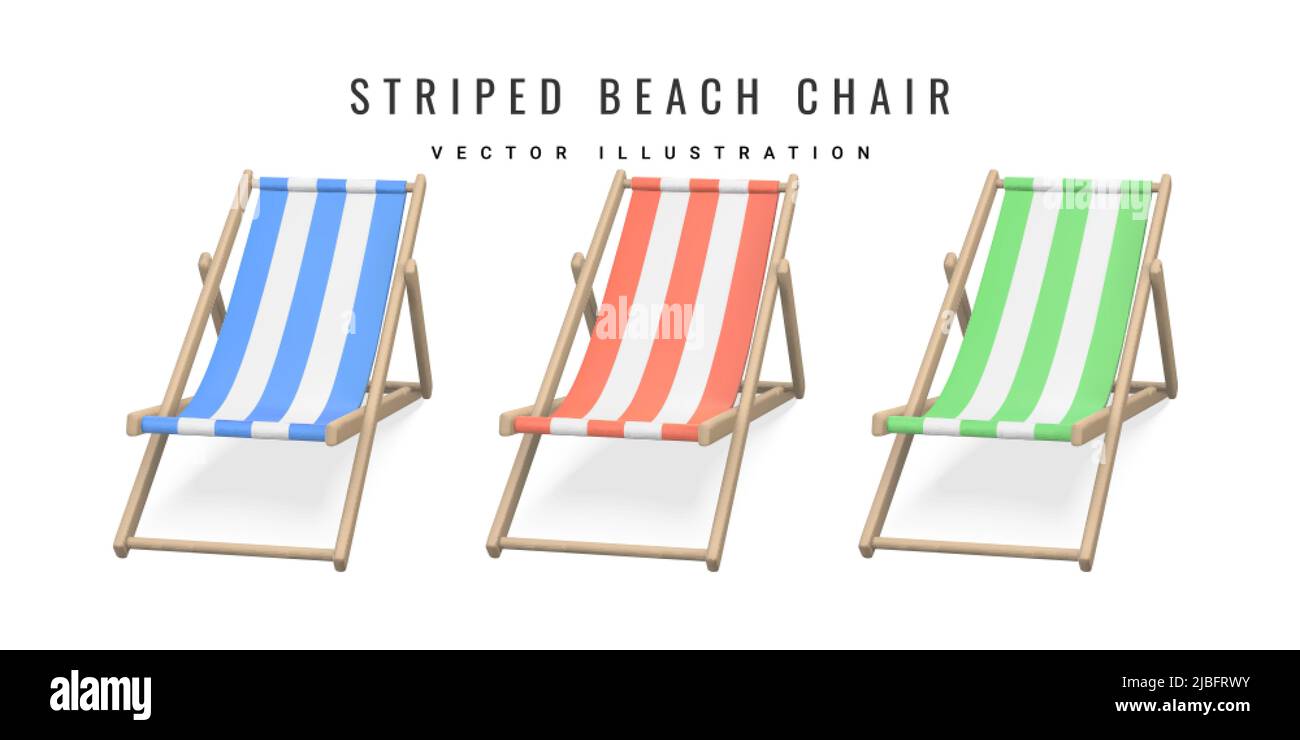 Striped beach chair. Realistic 3D deck chair isolated on white background. Summertime object. Vector illustration. Stock Vector