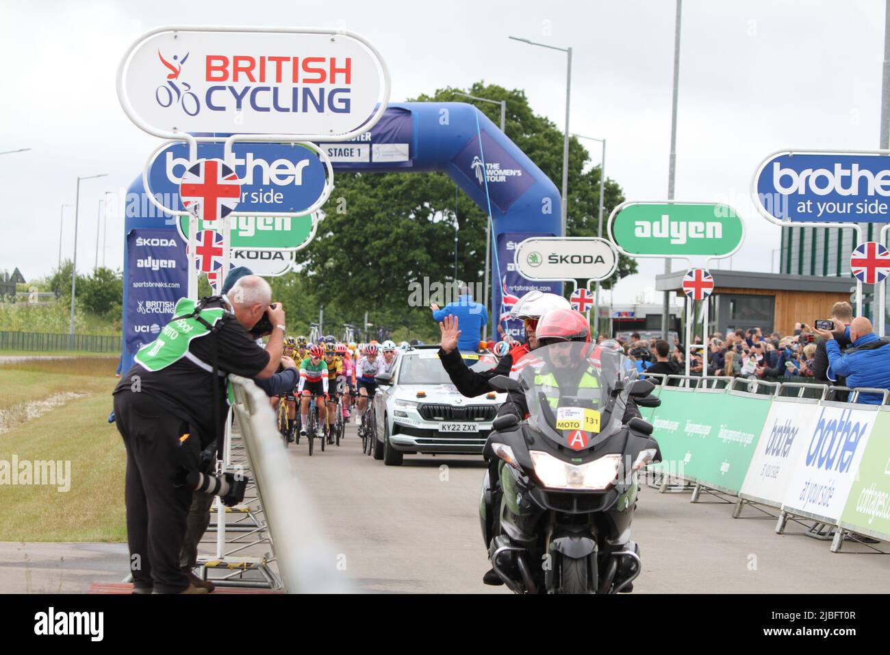 Colchester, UK. 06th Jun 2022. Stage One of the Women's Tour gets underway from the Sports Park at Northern Gateway in Colchester, finishing later today in Bury St. Edmunds. The race gets underway. Credit: Eastern Views/Alamy Live News Stock Photo