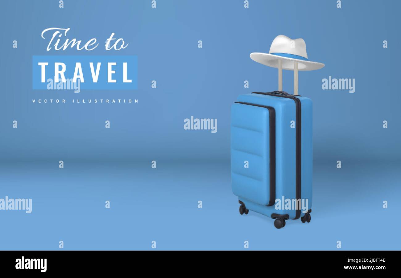 Time to travel promo banner design. Summer 3d realistic render vector  objects. Travel trolley bag with summer mens hat. Summer travel. Vector  illustra Stock Vector Image & Art - Alamy