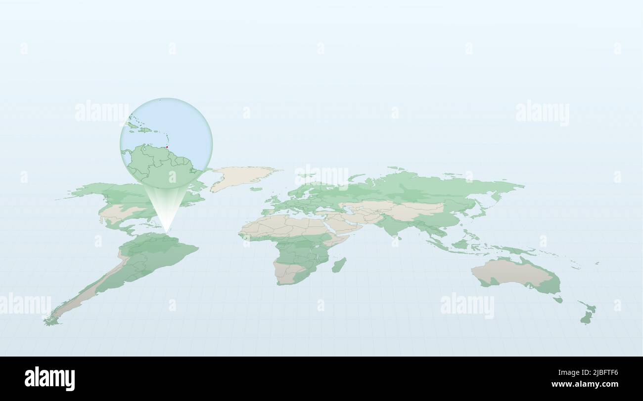 World Map In Perspective Showing The Location Of The Country Trinidad World Map In Perspective Showing The Location Of The Country Trinidad And Tobago With Detailed Map With Flag Of Trinidad And Tobago Vector Illustrati 2JBFTF6 