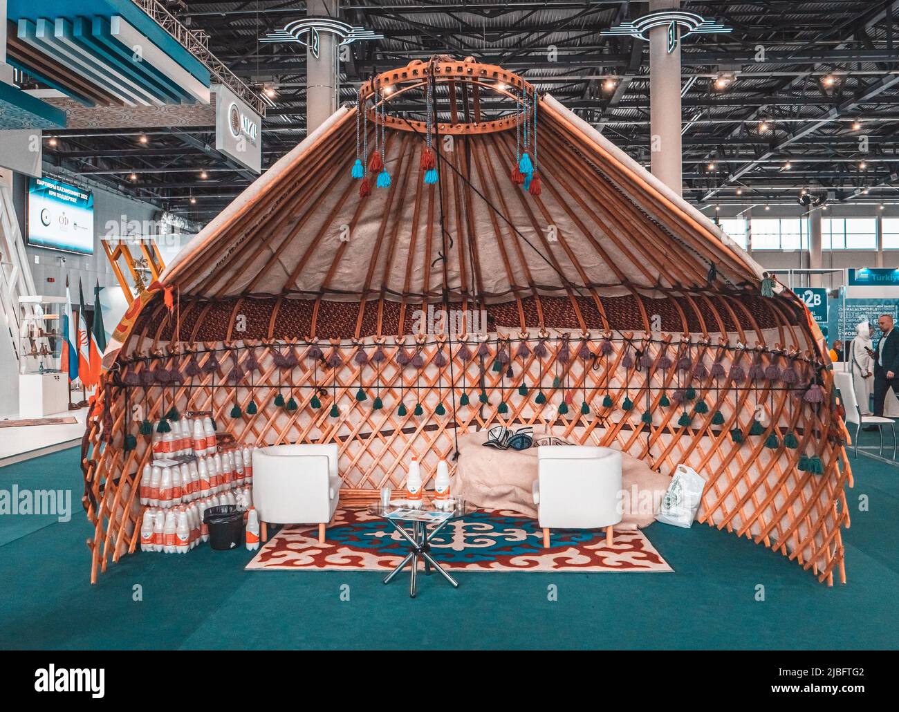 Kazan, Russia. May 19, 2022. Traditional Kazakh yurt in section. Exposition at the exhibition. National Kazakh decorative elements in the yurt. Stock Photo
