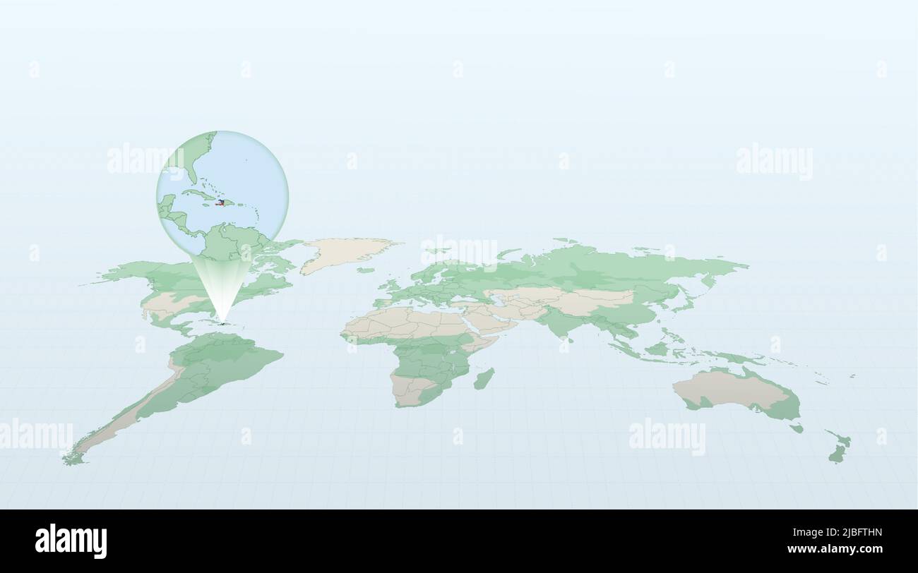 World map in perspective showing the location of the country Haiti with detailed map with flag of Haiti. Vector illustration. Stock Vector