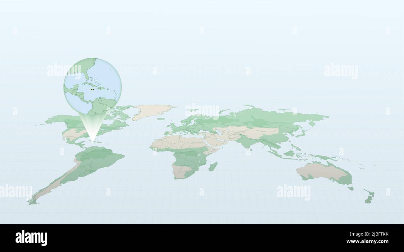 World Map In Perspective Showing The Location Of The Country Jamaica World Map In Perspective Showing The Location Of The Country Jamaica With Detailed Map With Flag Of Jamaica Vector Illustration 2JBFTKK 