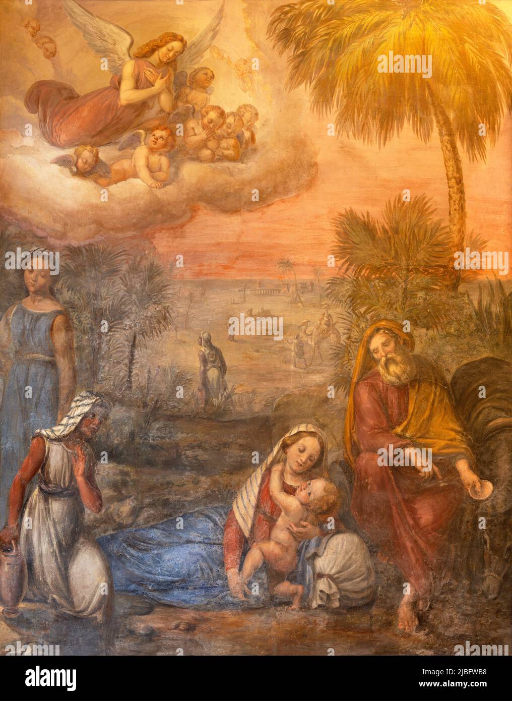 FERRARA, ITALY - NOVEMBER 9, 2021: The painting Flight into Egypt in the church Chiesa di San Francesco by Girolamo Domenichini from 19. cent Stock Photo