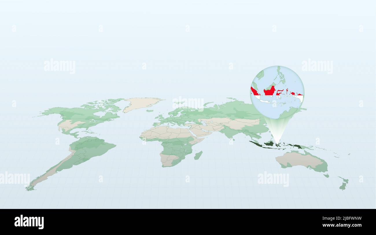 World Map In Perspective Showing The Location Of The Country Indonesia World Map In Perspective Showing The Location Of The Country Indonesia With Detailed Map With Flag Of Indonesia Vector Illustration 2JBFWNW