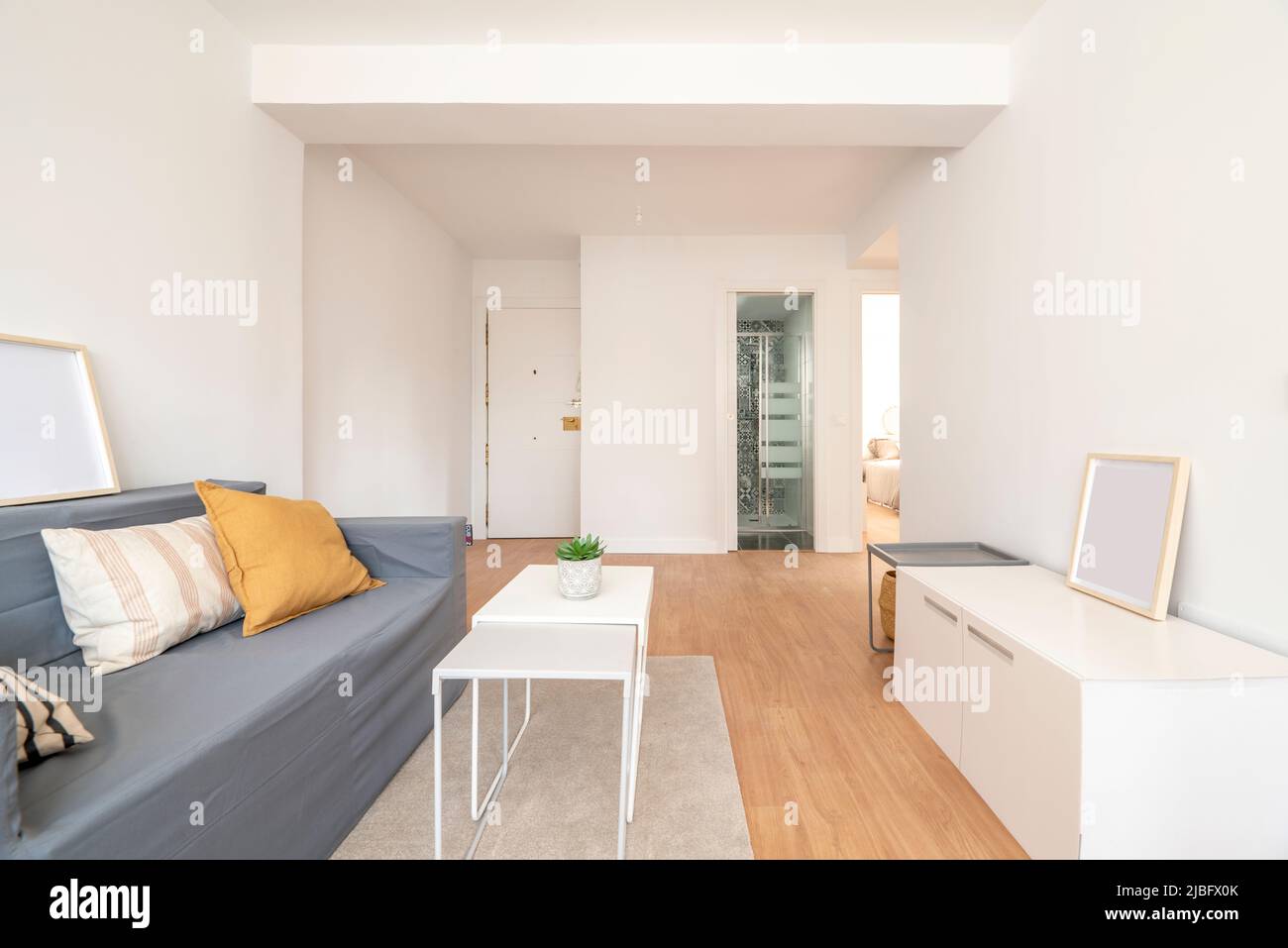 Living room with gray two-seater sofa, side tables and wooden floors Stock Photo