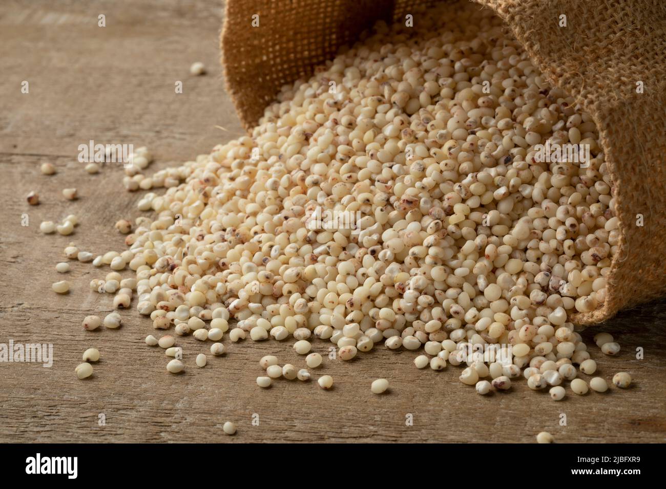 Burlap bag with raw Sorghum grain close up Stock Photo