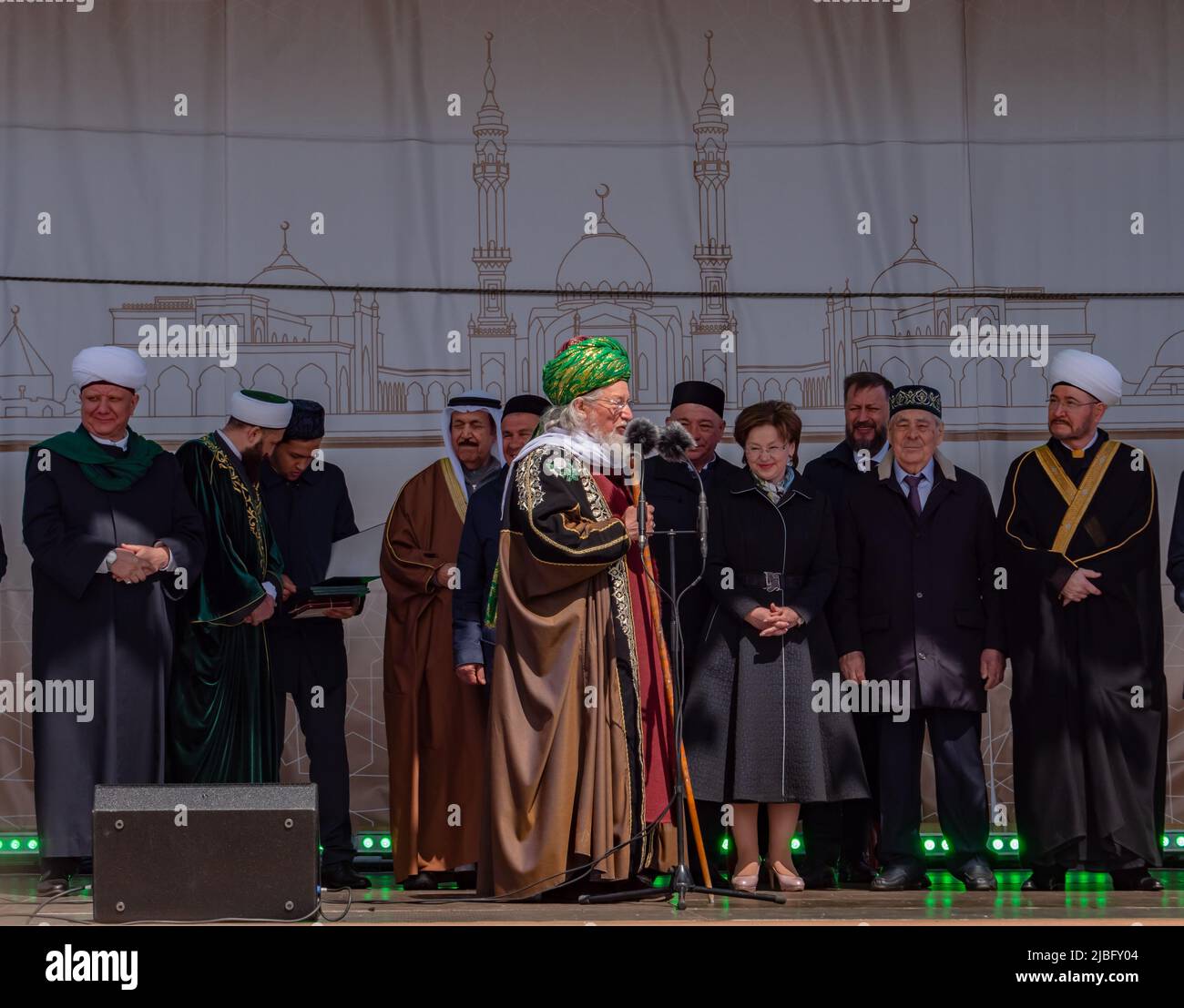 Bolgar, Tatarstan, Russia. May 21, 2022. Political and religious figures of Russia and Tatarstan at the celebration of the 1,100th anniversary of the adoption of Islam. Speech by Russia's Supreme Mufti Talgat Tadzhuddin Stock Photo