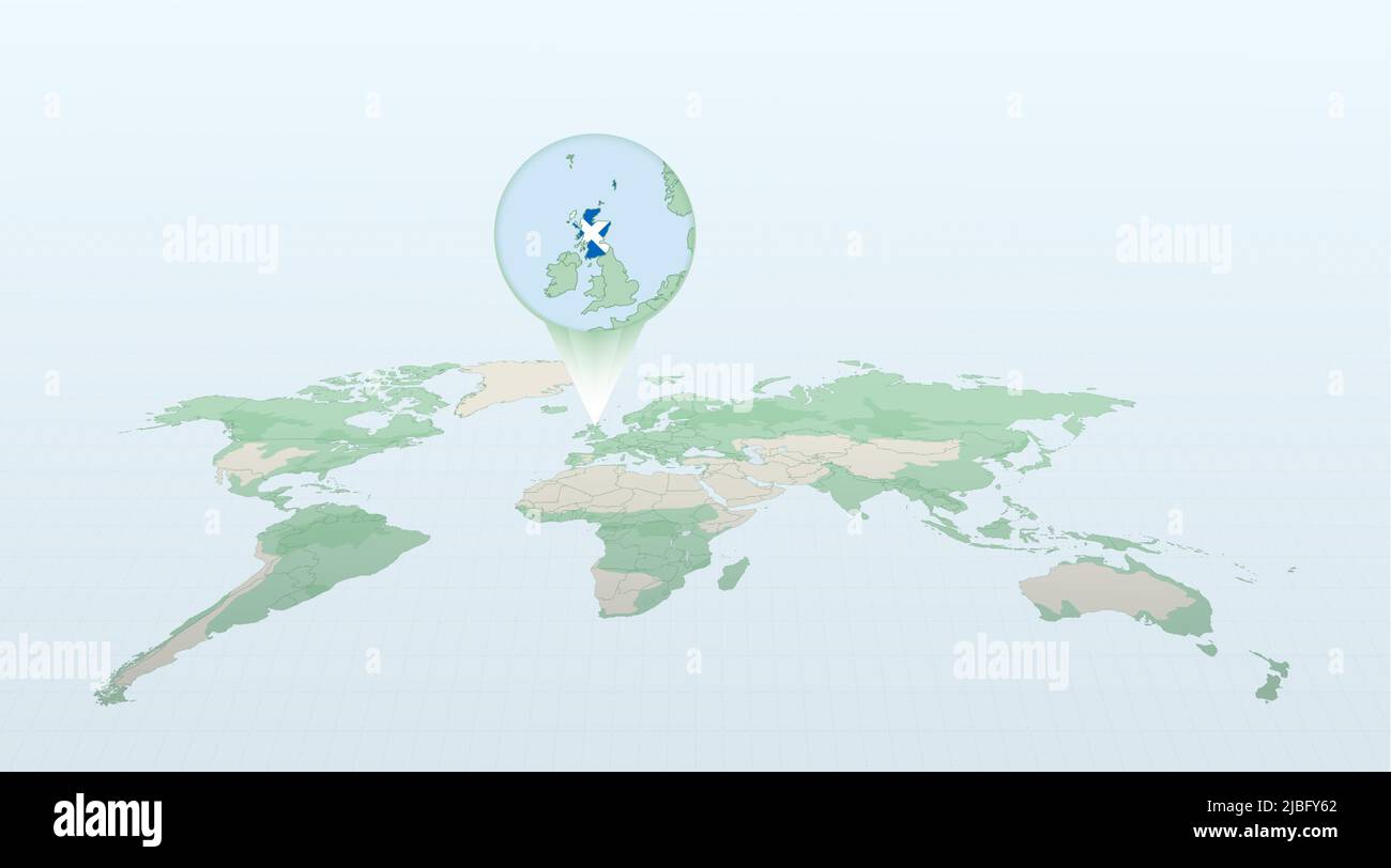 World Map In Perspective Showing The Location Of The Country Scotland World Map In Perspective Showing The Location Of The Country Scotland With Detailed Map With Flag Of Scotland Vector Illustration 2JBFY62