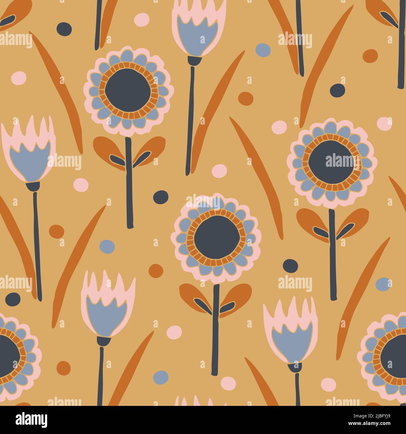 Seamless vector pattern with hand drawn flowers on beige background