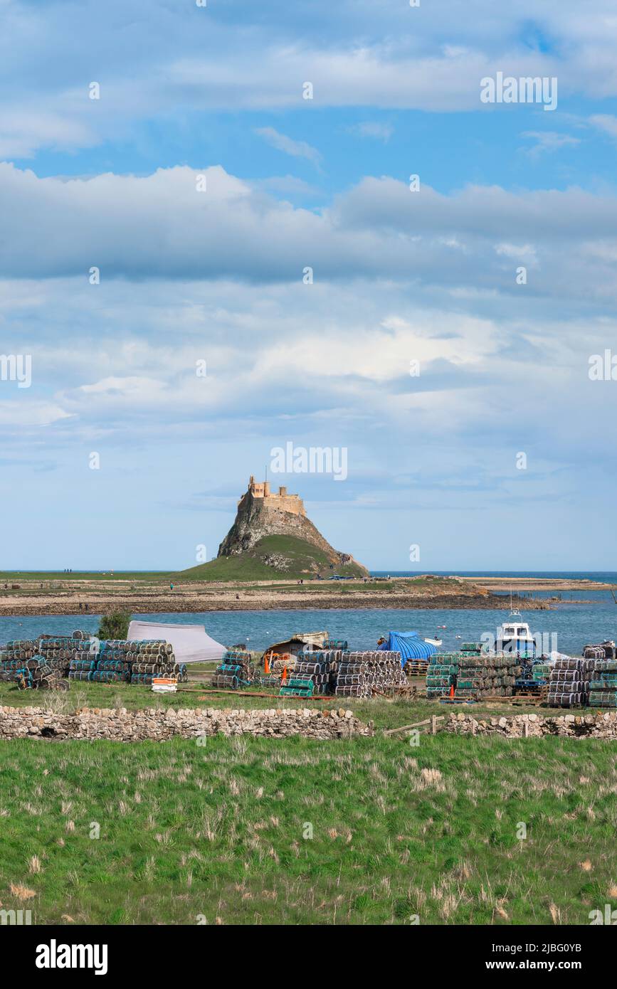 Holy Island Lindisfarne, view of fishing boats and lobster pots in Holy Island harbour with Lindisfarne Castle in the distance, Northumberland, UK Stock Photo