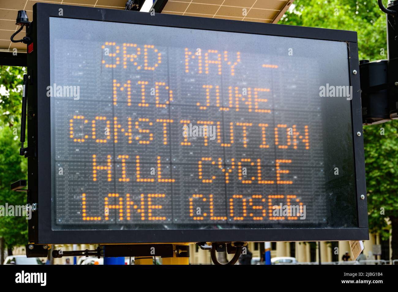 LONDON May 18, 2022 A sign informing of road closures due to Queen