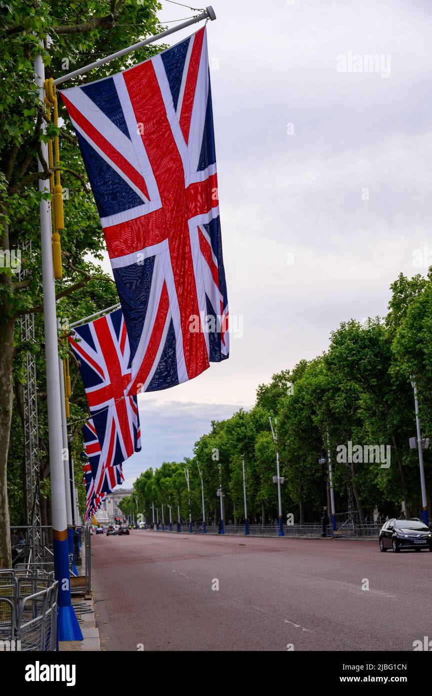 LONDON May 18, 2022 Union Jack flags hanging above The Mall for