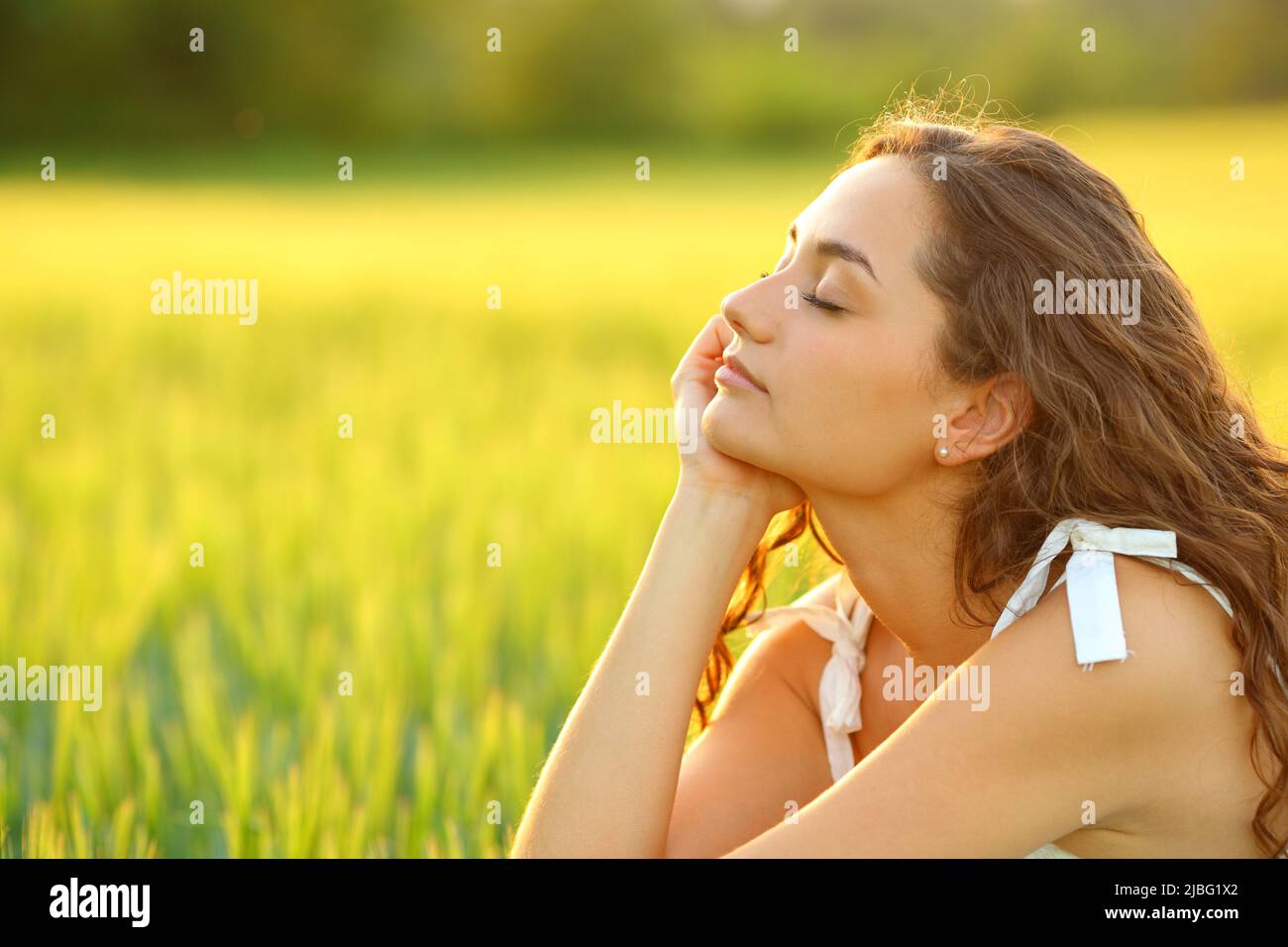 Profile of a woman relaxing mind with closed eyes sitting in a wheat field Stock Photo