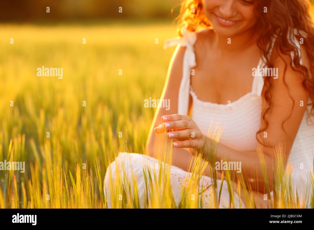 Happy woman touching wheat at sunset in a field Stock Photo