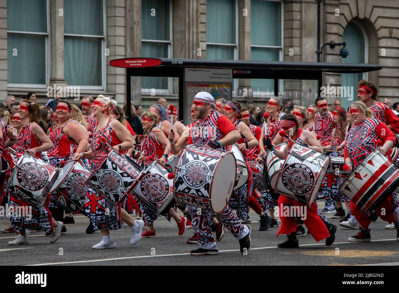 London, UK. 5th June 2022. A group of drummers were part of a 7