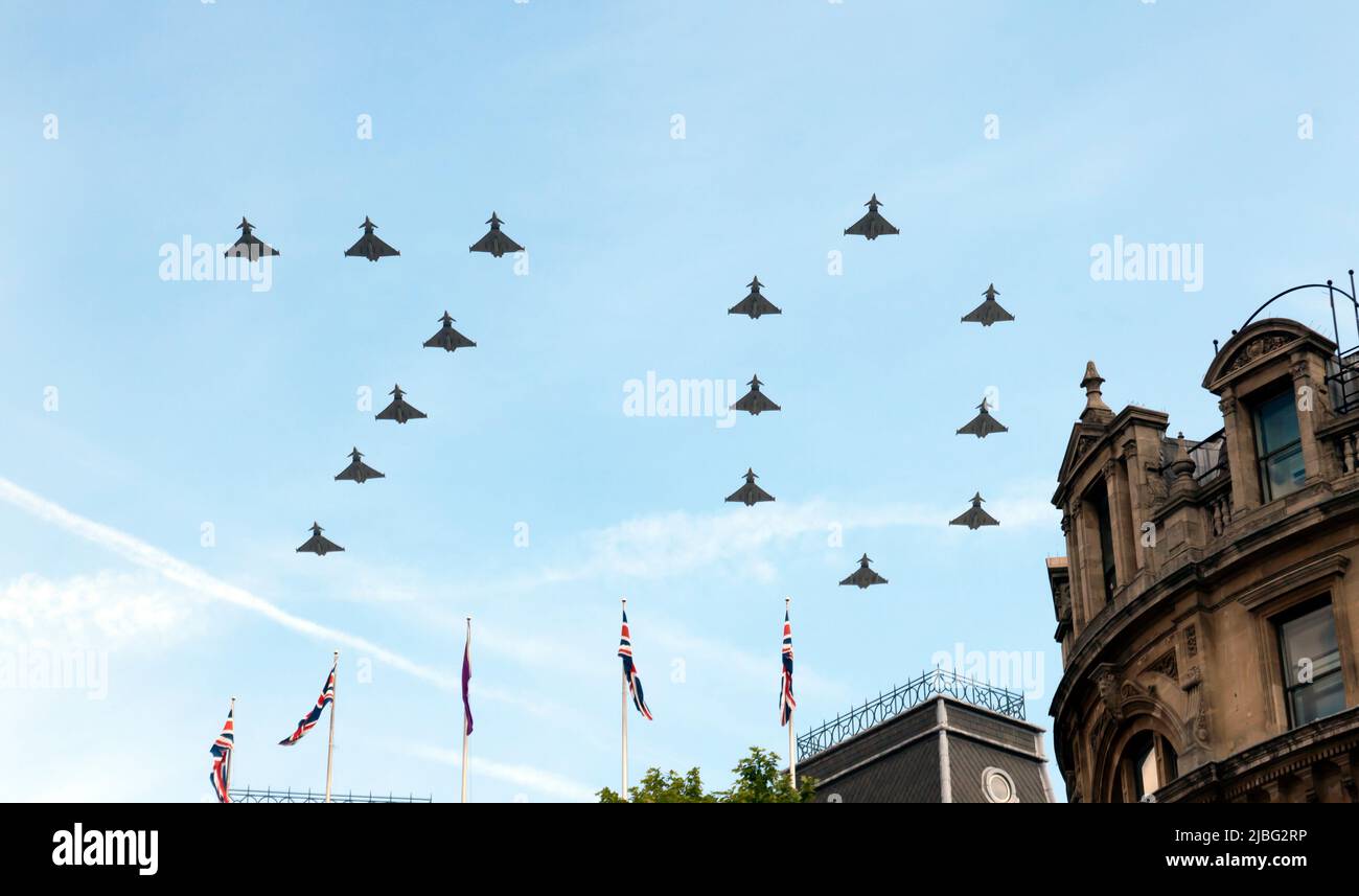 15, RAF Typhoons in a special '70' formation fly over Trafalgar Square, at the start of the Mall,  heading towards Buckingham Palace, as part of the Fly-past for the Queens Platinum Jubilee Celebrations  on 2nd of  June 2022 Stock Photo