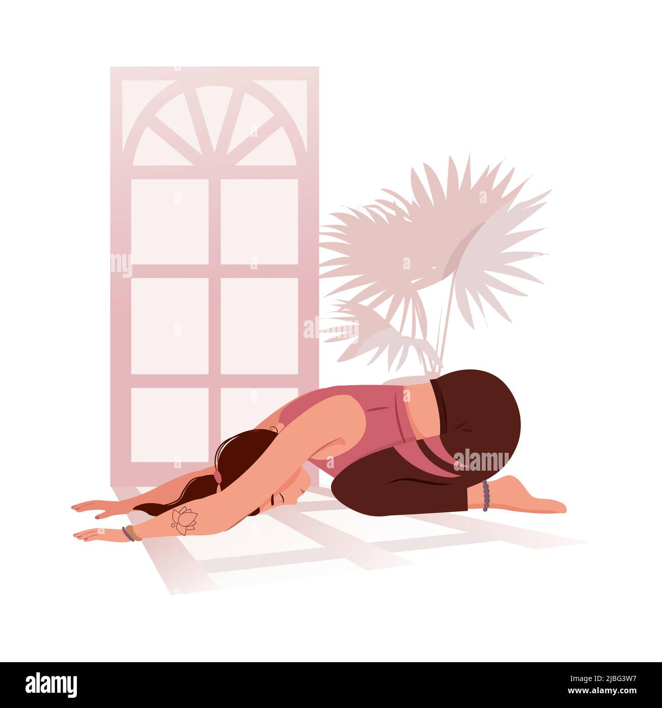 Woman practicing yoga, different poses. Healthy lifestyle. Women with closed eyes, stretching her back and meditating. Meditation practice. Zen and harmony concept. Vector illustration in flat style. Stock Vector