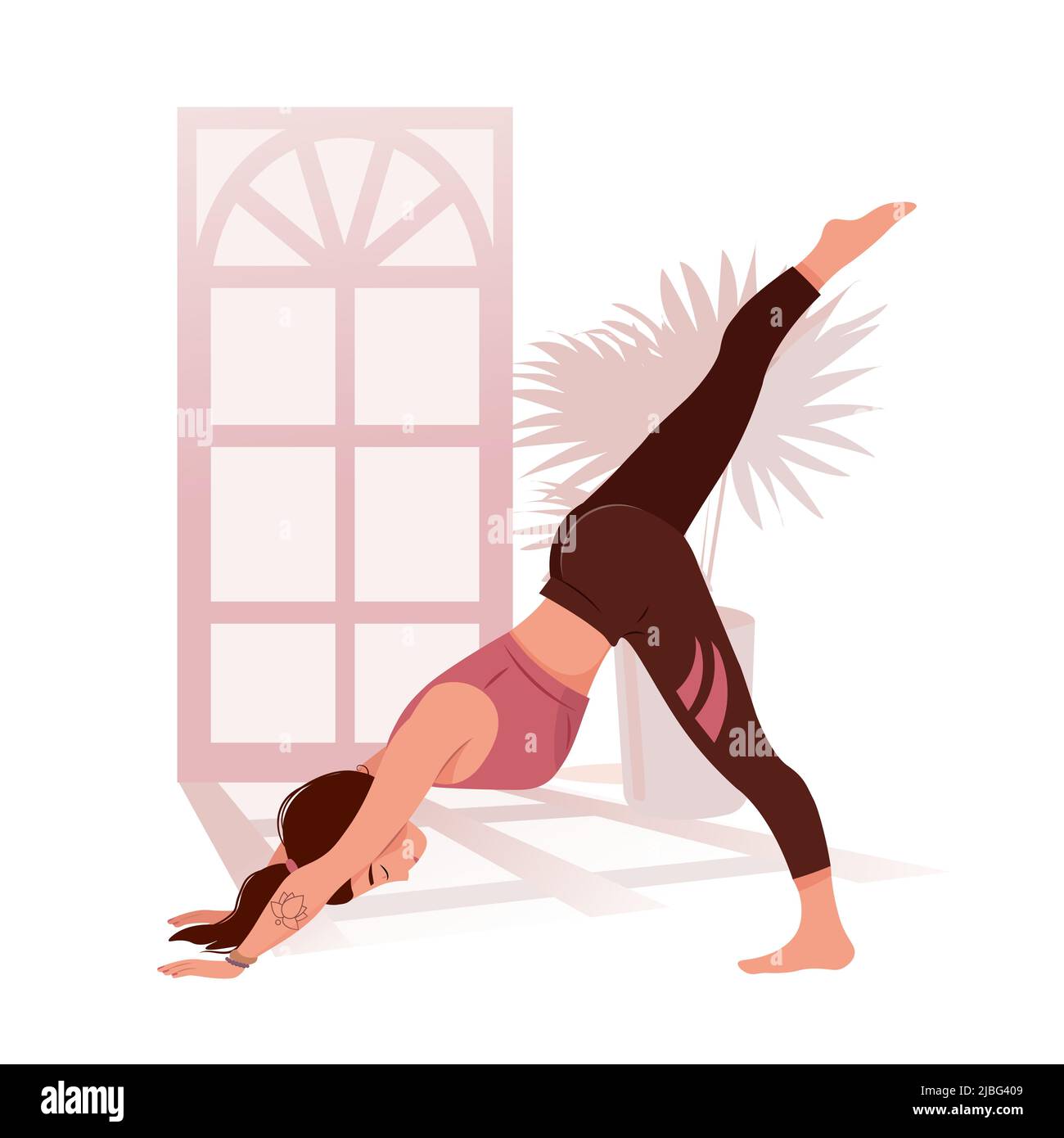 Woman practicing yoga, different poses. Healthy lifestyle. Woman with closed eyes stretching her body and meditating. Meditation practice. Zen and harmony concept. Vector illustration in flat style. Stock Vector