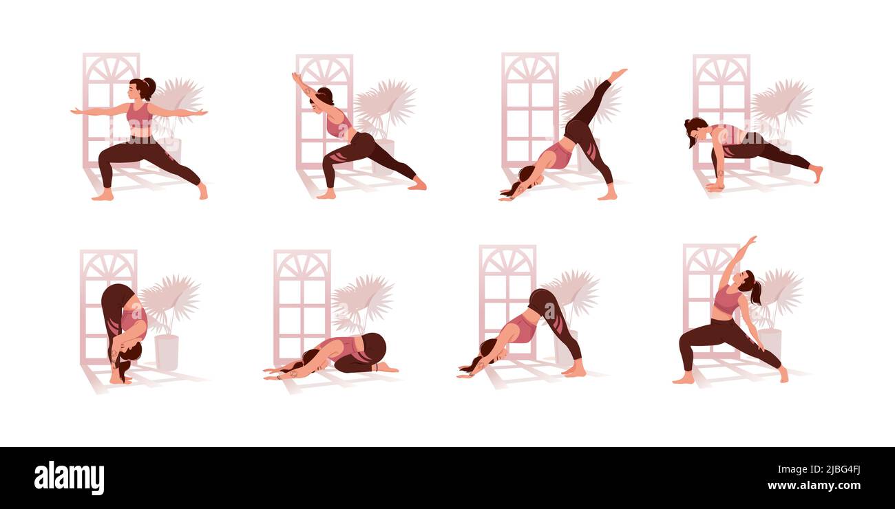 Woman practicing yoga, set of different poses. Healthy lifestyle. Women with closed eyes and crooked legs meditating. Meditation practice. Zen and harmony concept. Vector illustration in flat style. Stock Vector