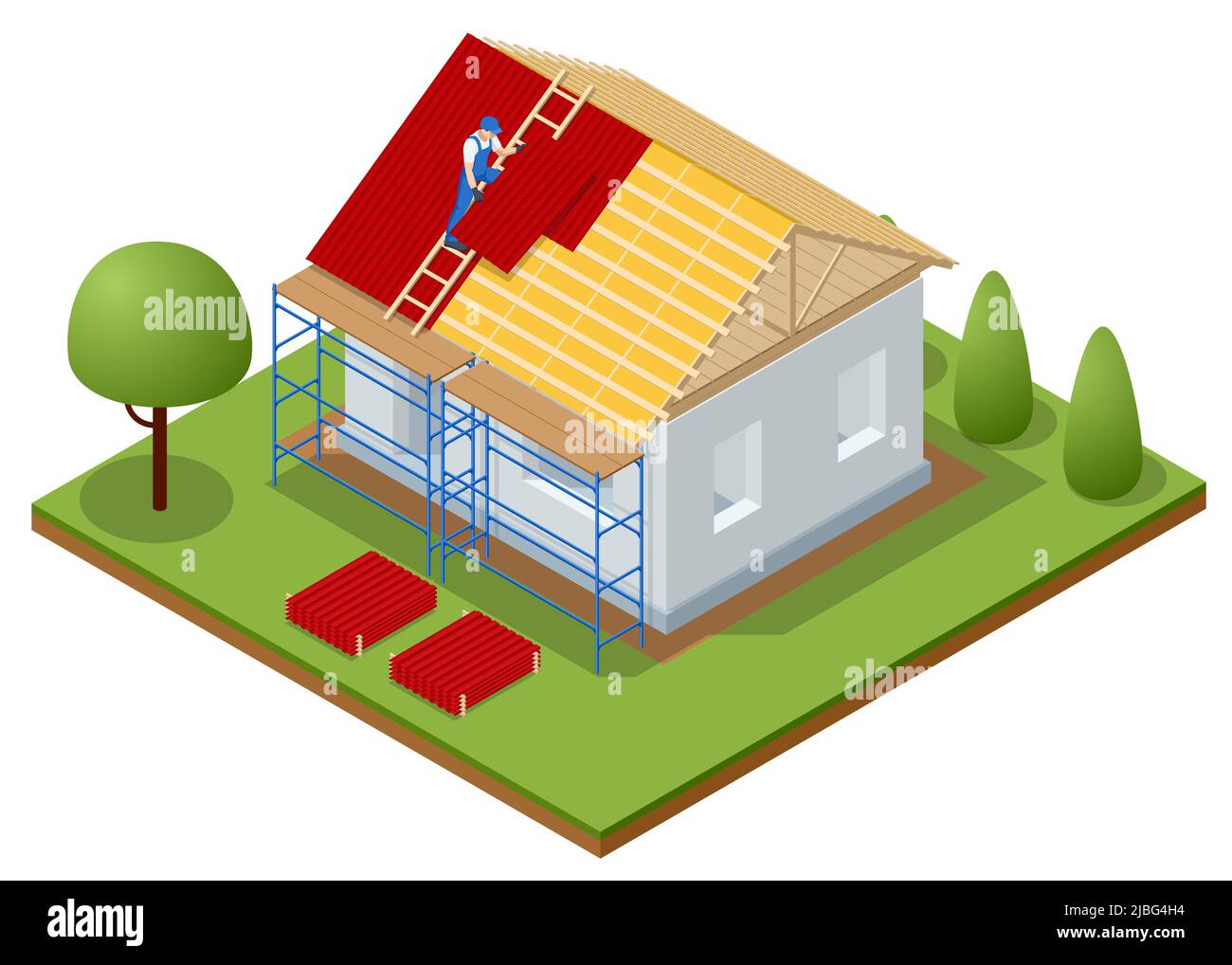 Isometric roofing construction. Concept of residential building under