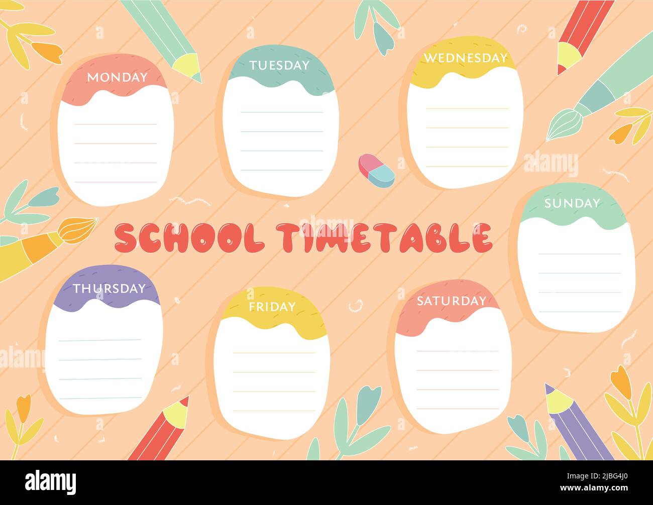 School timetable, weekly classes schedule in cartoon style. Vector school timetable sketch schedule, education supplies, tools and student study timetable. Planner template. Ready to print. Stock Vector