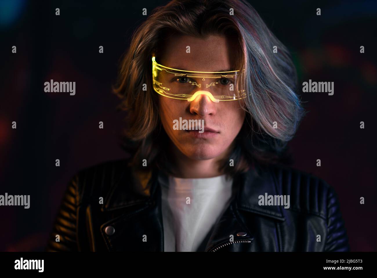 Metaverse digital cyber world technology, portrait of young man with smart glasses, futuristic lifestyle Stock Photo