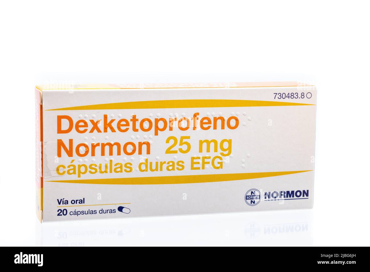 Huelva, Spain - June 6, 2022: Spanish box of generic Dexketoprofen, is a nonsteroidal anti-inflammatory drug as a prescription-only drug and in Latin Stock Photo