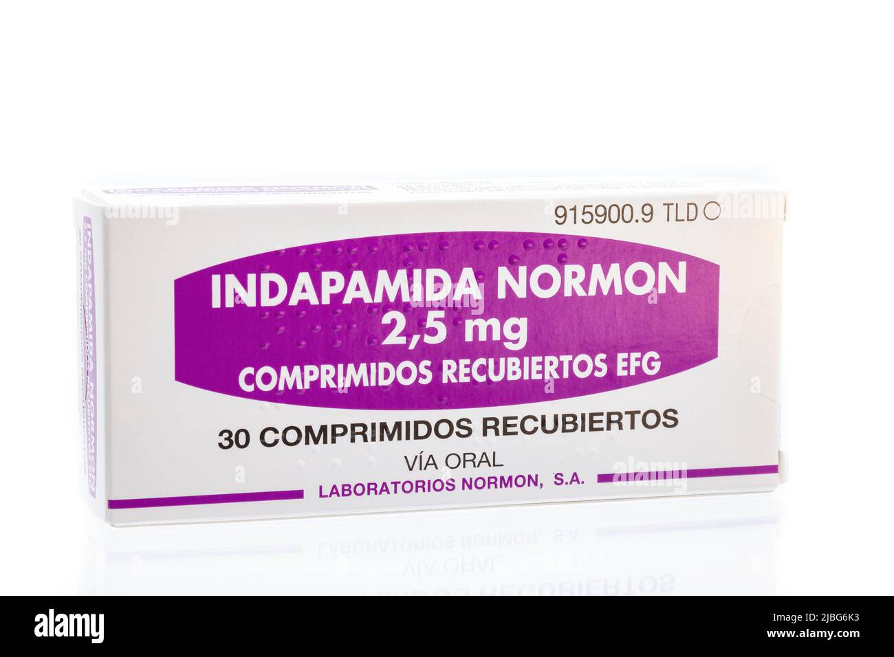 Huelva, Spain-June 4, 2022: Spanish box of Indapamide (Indapamide) from Norman laboratory, is a thiazide-like diuretic drug used in the treatment of h Stock Photo