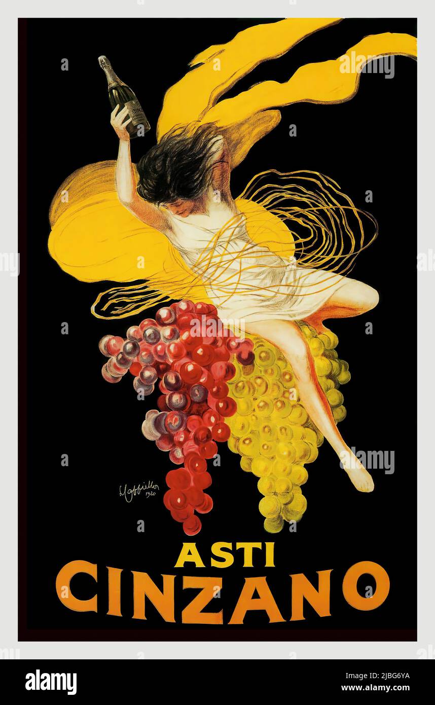 A turn of the 20th century advertising poster by Leonetto Cappiello (1875-1942) for Asti Cinzano  showing a woman floating above bunches of grapes  grapes. Sweet and low in alcohol, this fresh, sparkling pearl is made from 100% white Moscato grapes. Stock Photo
