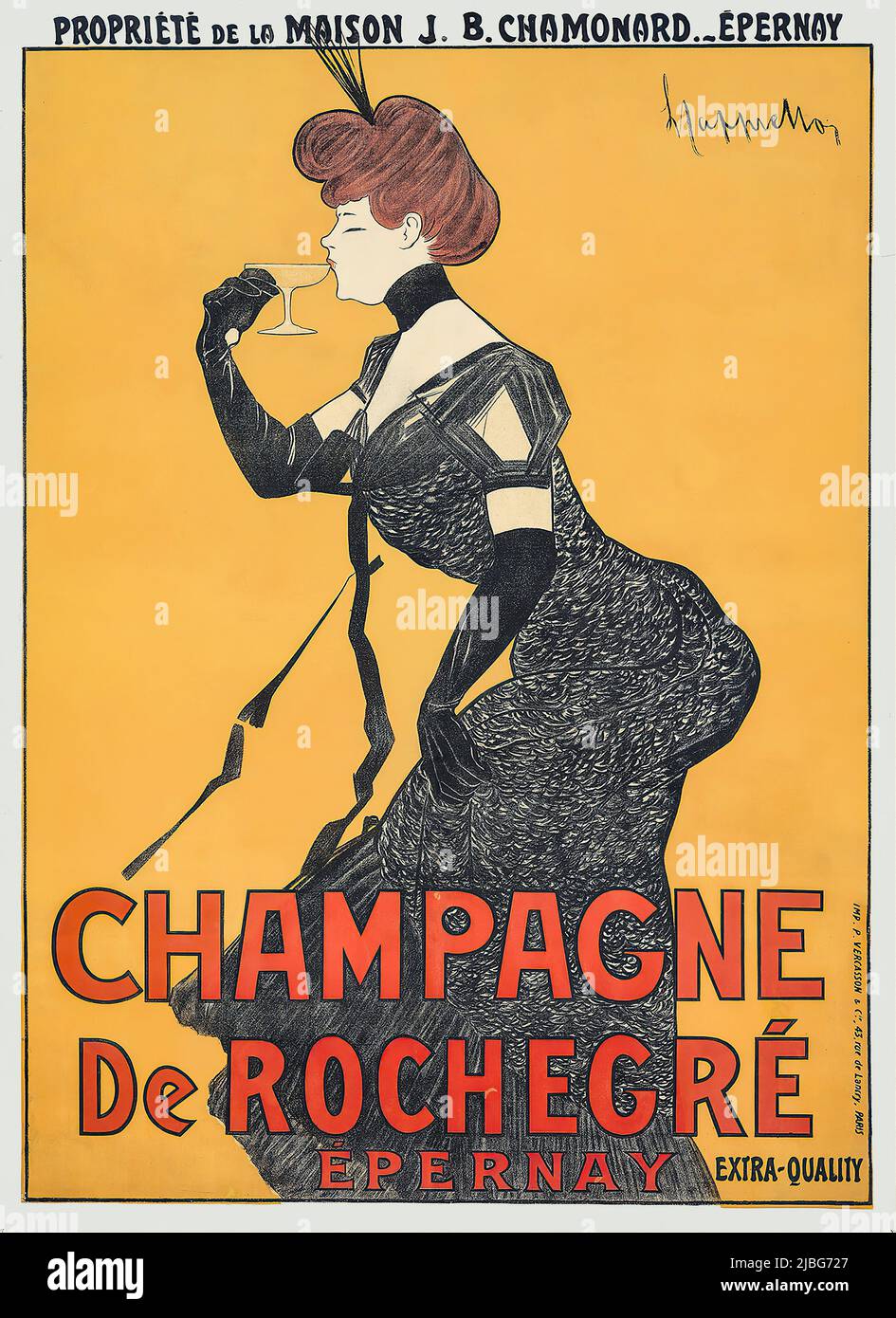 A turn of the 20th century advertising poster by Leonetto Cappiello (1875-1942) for Champagne de Rochegre showing a woman sampling the drink from a champagne glass. Stock Photo