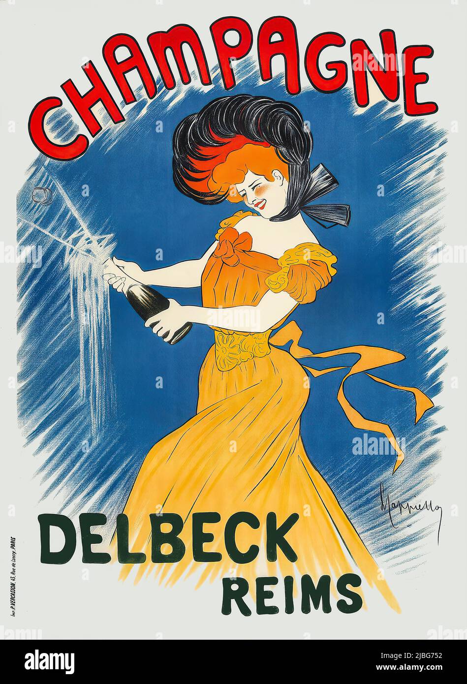 A turn of the 20th century advertising poster by Leonetto Cappiello (1875-1942), showing a woman opening a bottle of Delbeck Champagne. Established in 1832 by Félix-Désiré Delbeck in Reims. Delbeck champagne found favour with the court of Louis-Philippe of France, and was in 1838 named the official Champagne of the French monarchy. Stock Photo