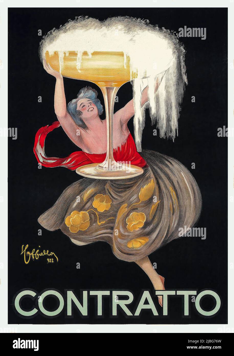 A turn of the 20th century advertising poster by Leonetto Cappiello (1875-1942), showing a woman holding aloft a bubbling glass of Champenoise, the very first Italian vintage from a winery in Canelli. At one time, the wine was supplied to the Vatican, the House of Savoy (the Italian Royal Family), as well as to the British monarchy. Stock Photo