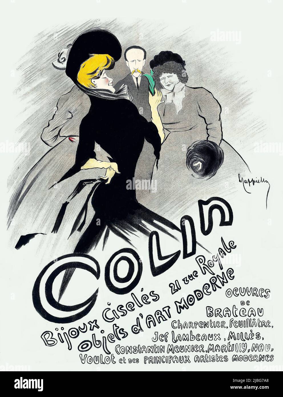 A turn of the 20th century advertising poster by Leonetto Cappiello (1875-1942), illustrating a forthcoming exhibition of modern jewellery in Paris, France. Stock Photo