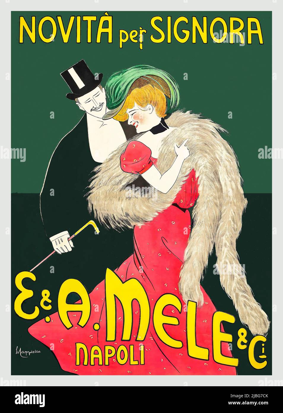 A turn of the 20th century advertising poster by Leonetto Cappiello (1875-1942), for the Italian  Neapolitan department store Mele, in Naples  promoting new fashions for women. Stock Photo