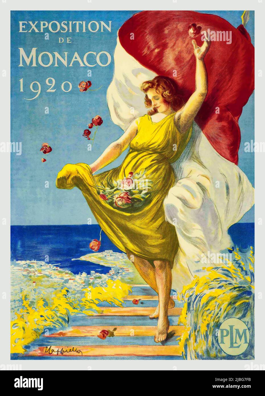 A turn of the 20th century advertising poster by Leonetto Cappiello (1875-1942), for the Monaco Exhibition of 1920, we are presented with an allegorical figure personifying the bounty of the Riviera.The exhibition pays tribute to the friendship between Prince Albert I and King Dom Carlos of Portugal and showcases the voyages and expeditions undertaken by Prince Albert I in Portugal (Madeira, Azores and Lisbon). Stock Photo