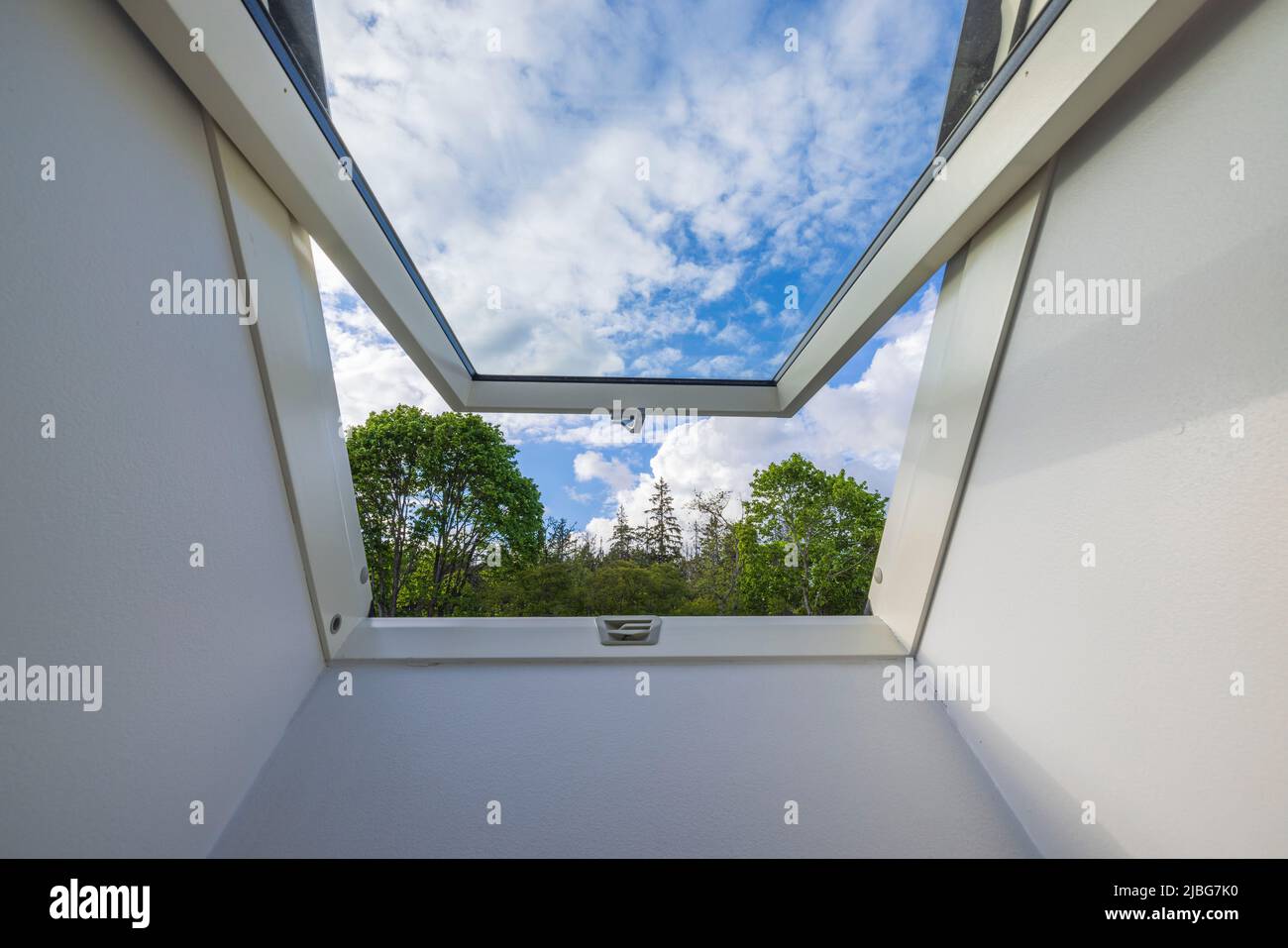 View from dormer roof window in house to tops of forest trees against background of blue sky with white clouds. Sweden. Stock Photo