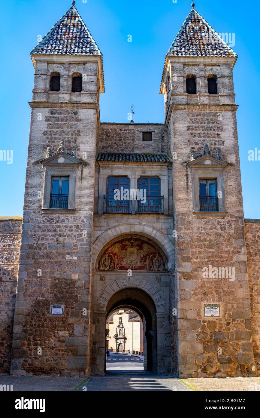 Puerto de Bisagra, city gate in Toledo, an ancient city set on a hill above the plains of Castilla-La Mancha in central Spain. Stock Photo