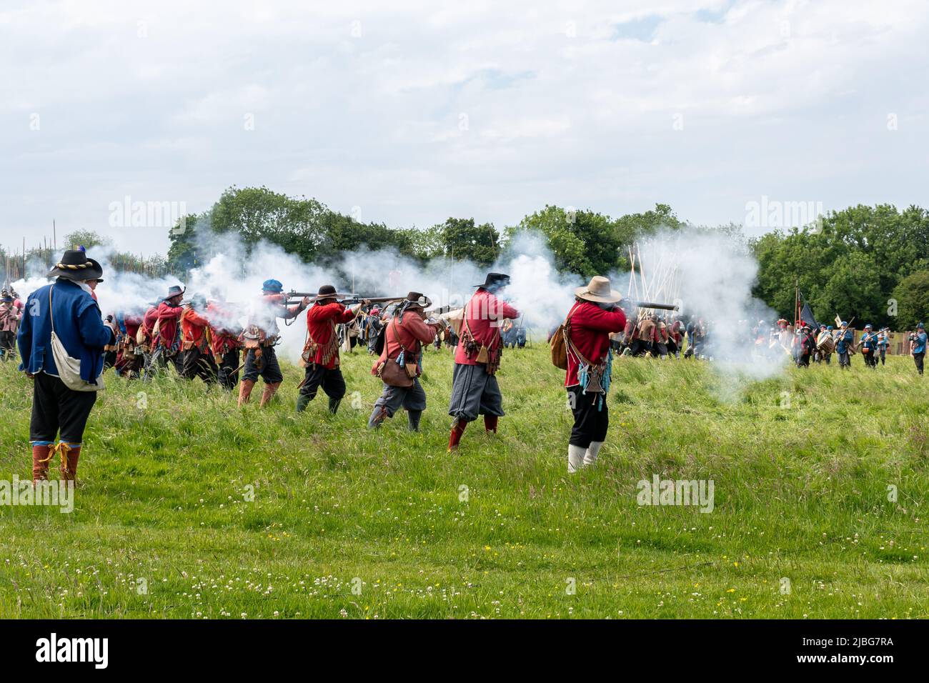 The Sealed Knot performing an English civil war re-enactment of the Basing House Siege for the Queen's Platinum Jubilee, June 2022, Hampshire, UK Stock Photo