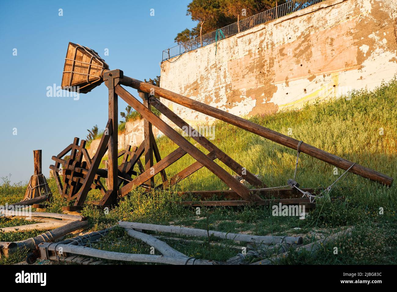 Urla, İzmir, Turkey - May 2022: Ancient Phoenician wooden trebuchet in at Urla Liman Tepe maritime archeology excavation and research center. Stock Photo