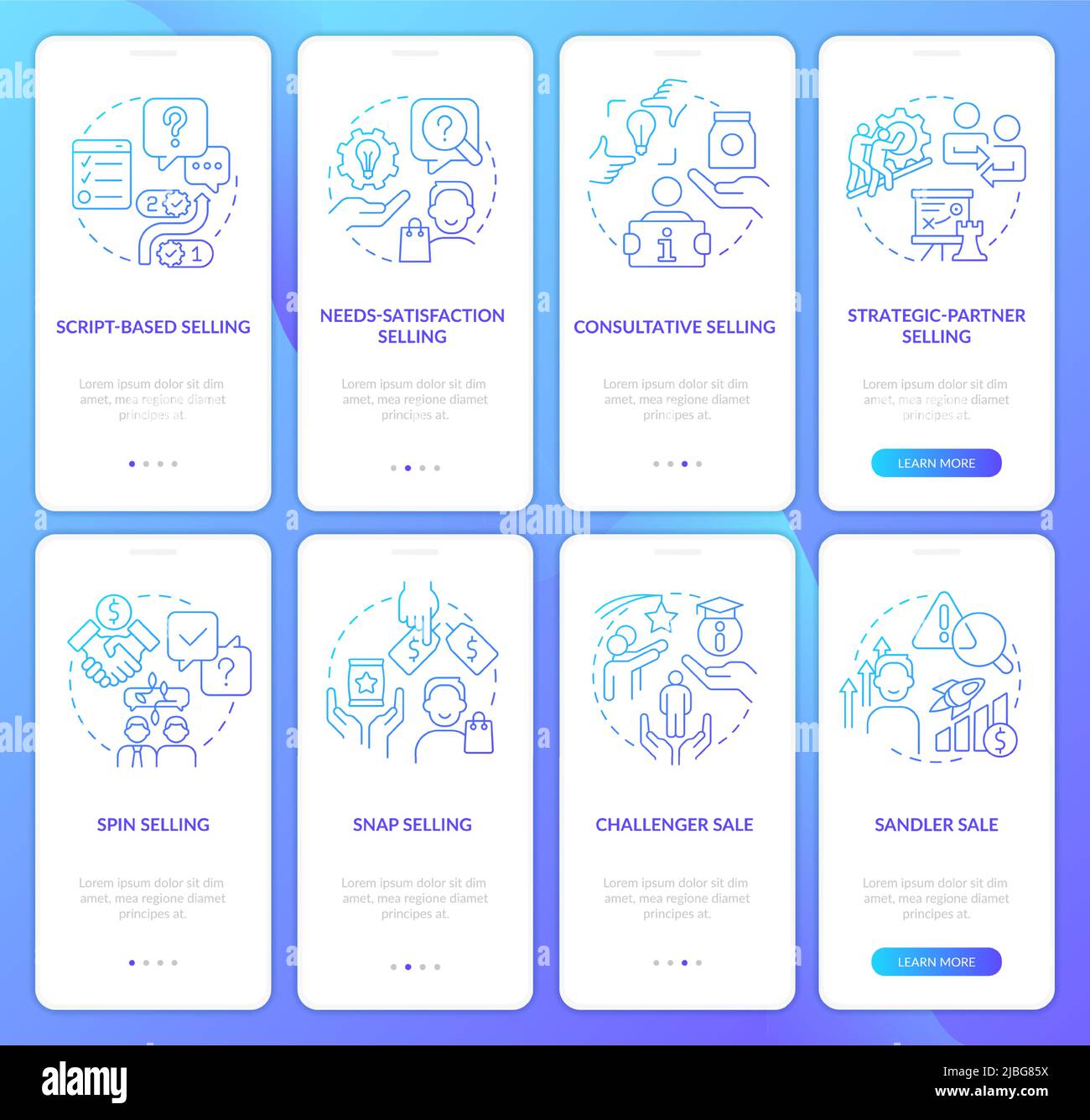 Selling strategies blue gradient onboarding mobile app screen set Stock ...